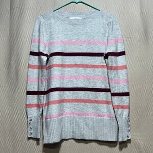 LOFT Women's Medium Stripe Pullover Boatneck Sweater Gray Pink Burgundy